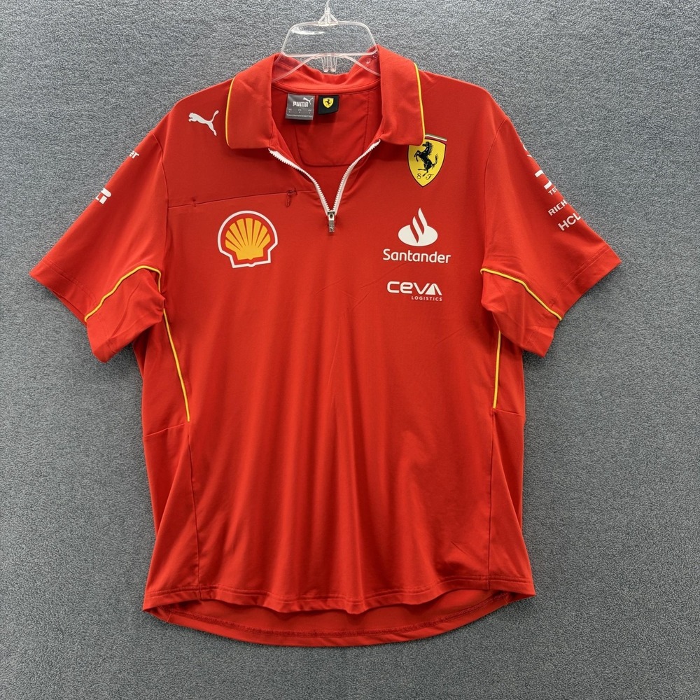 Ferrari Polo Shirt Mens Large Red Racing Formula 1 Zip Up Puma Shell Santander